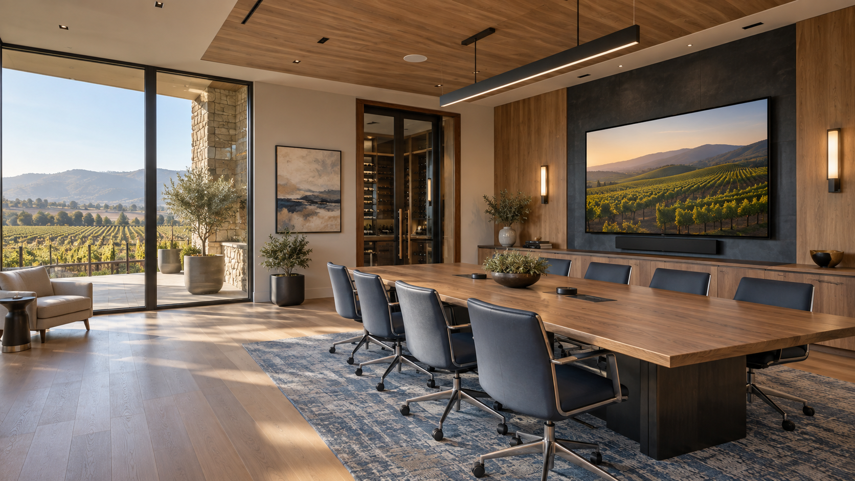 AI-generated representative hospitality meeting room with integrated audiovisual equipment