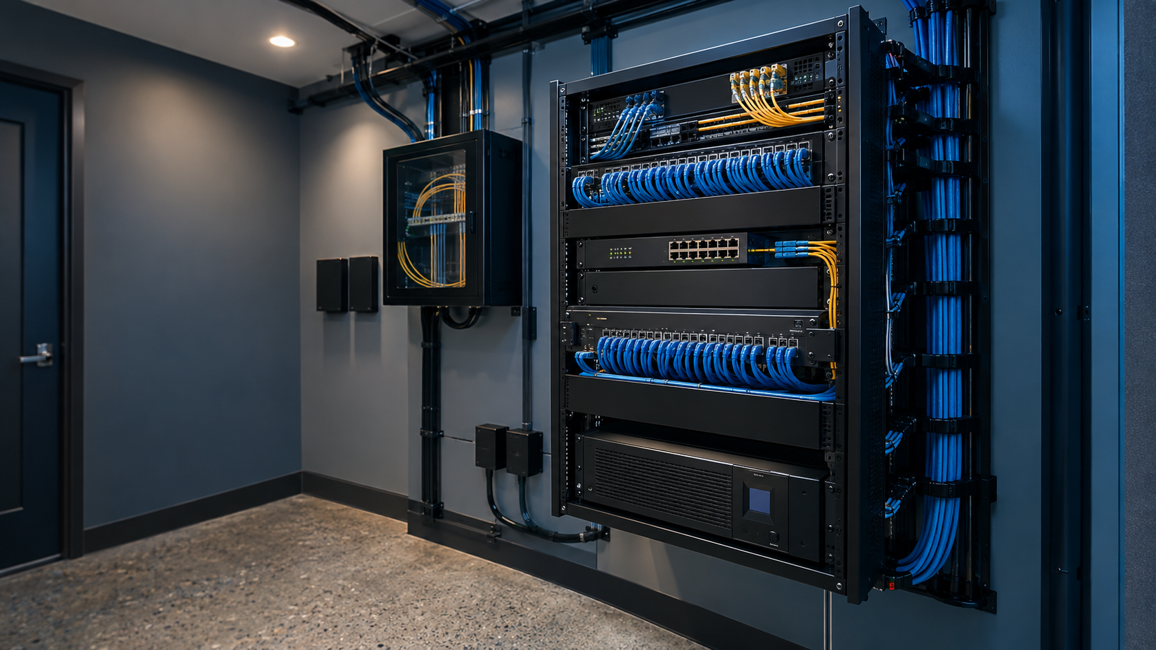 AI-generated representative image of an organized network rack with copper and fiber connections